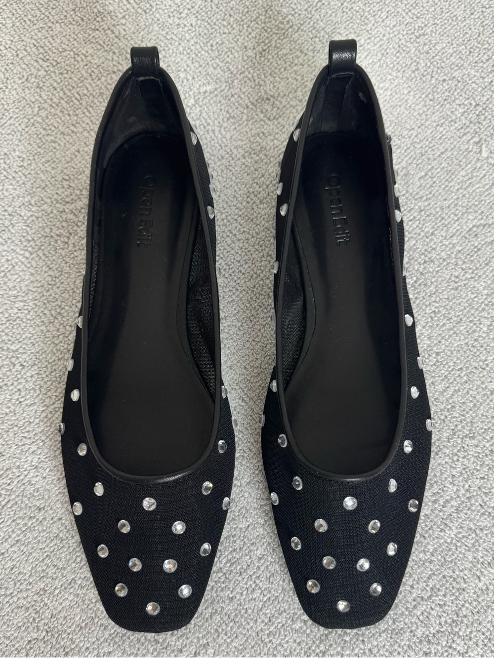 Open Edit Black Rhinestone Women's Ballet Flats